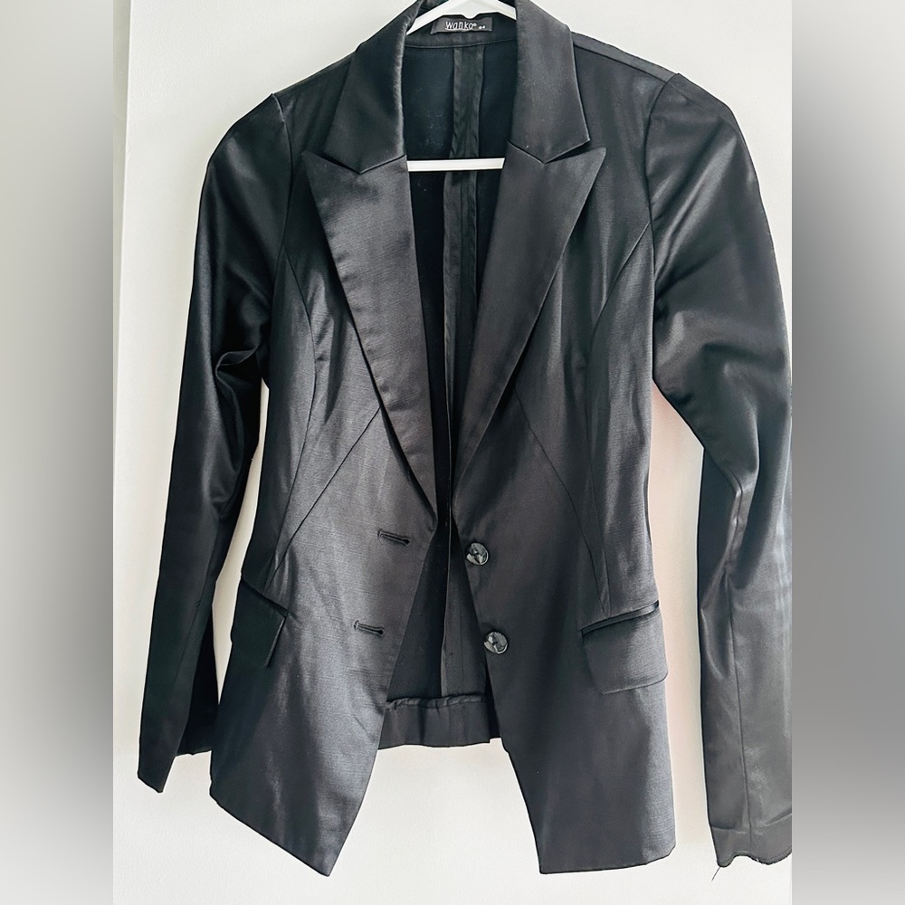 Black Satin Blazer & Pleated Skirt Suit Set